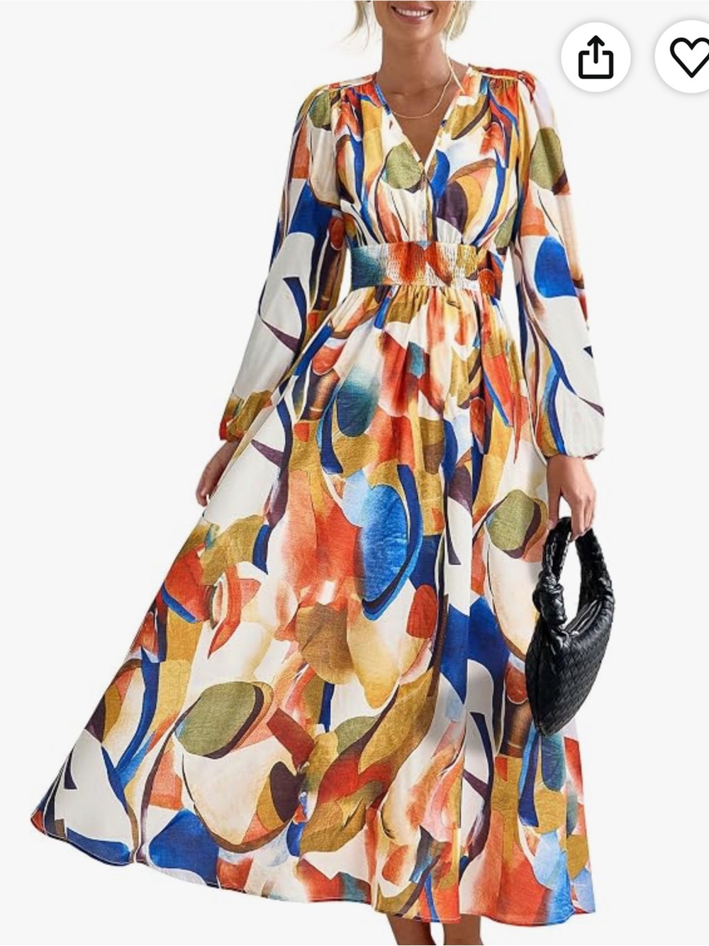 Abstract Multi-Color V-Neck Maxi Dress with Smocked Waist